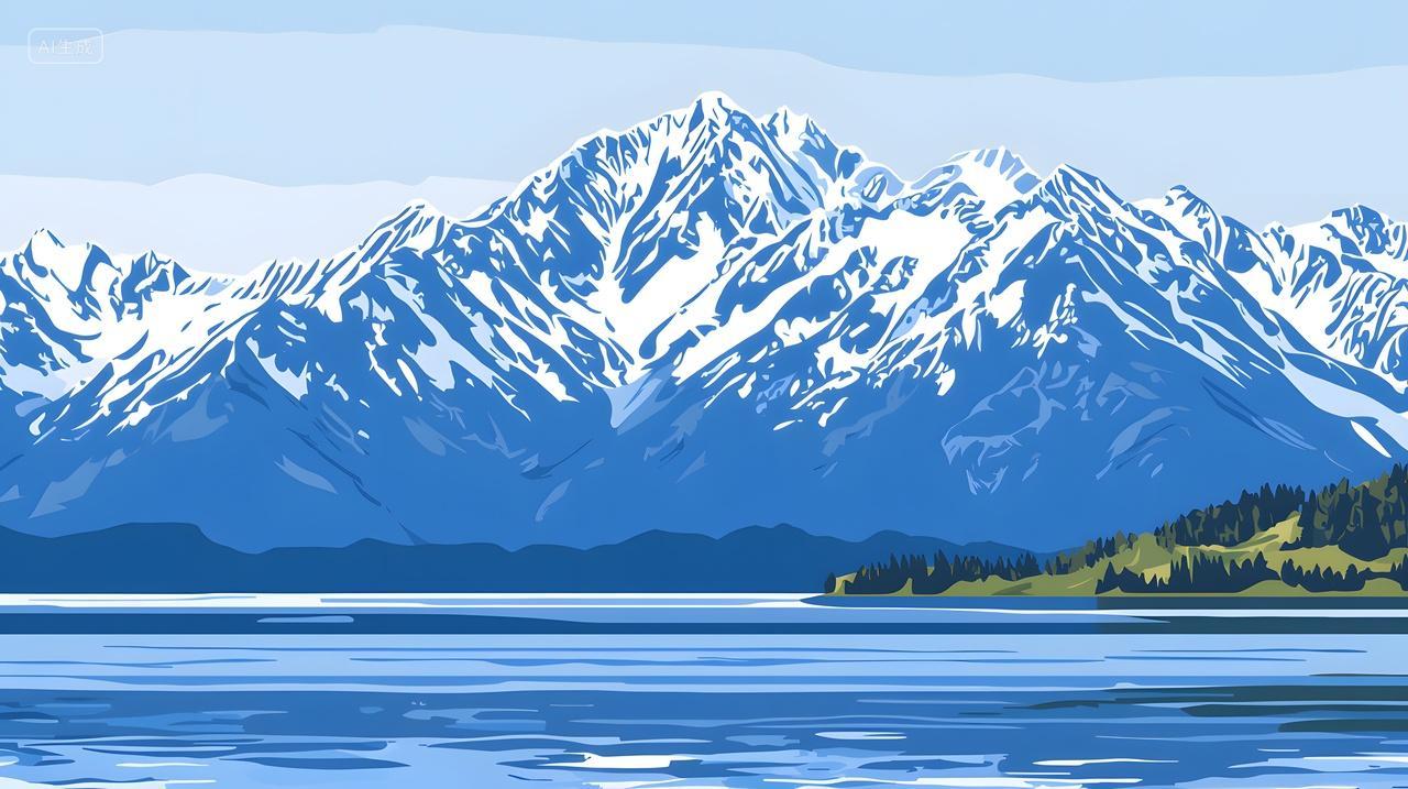 雄伟山脉倒映在平静水面上