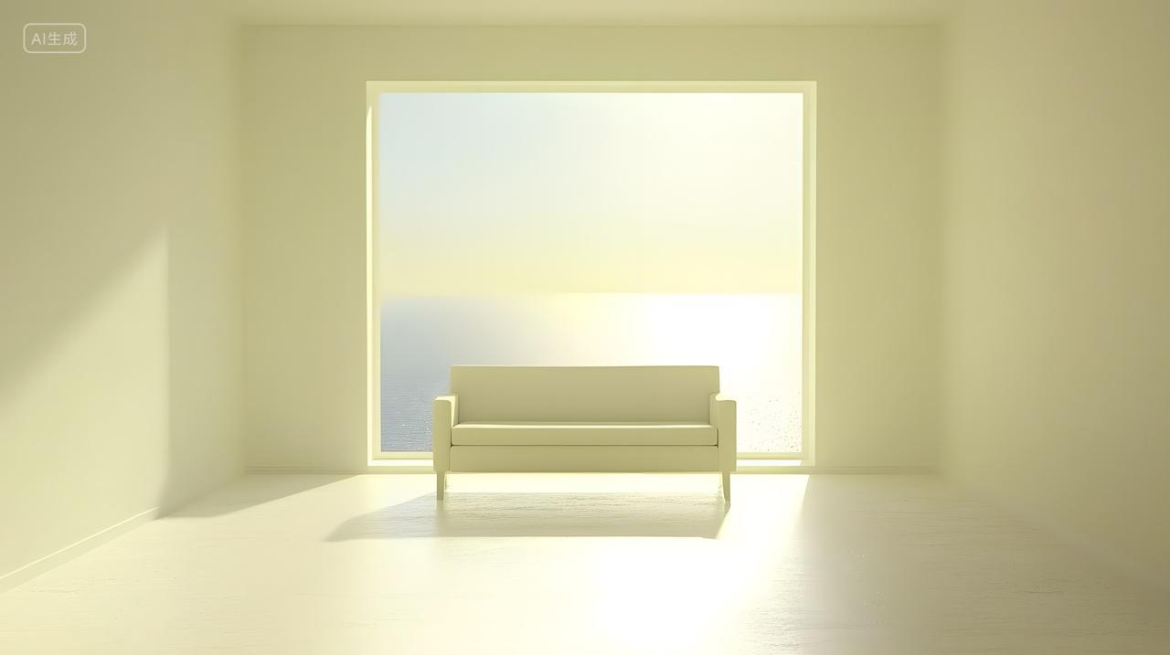 极简主义风格客厅散发着柔和黄色光芒