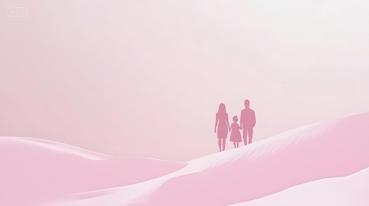一家人在柔和淡雅风景中漫步剪影