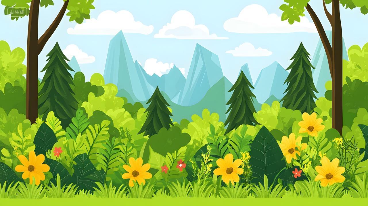 郁郁葱葱绿色森林景观鲜艳花朵