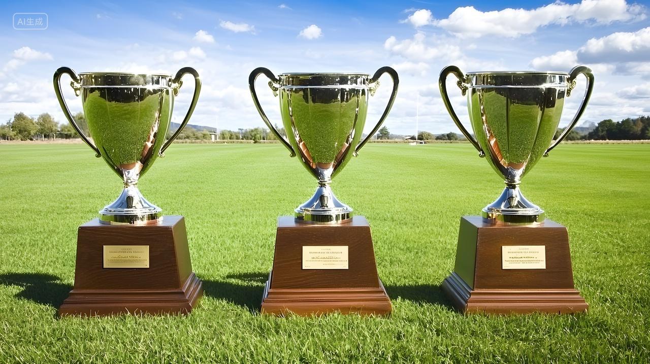 草地上三座闪亮奖杯