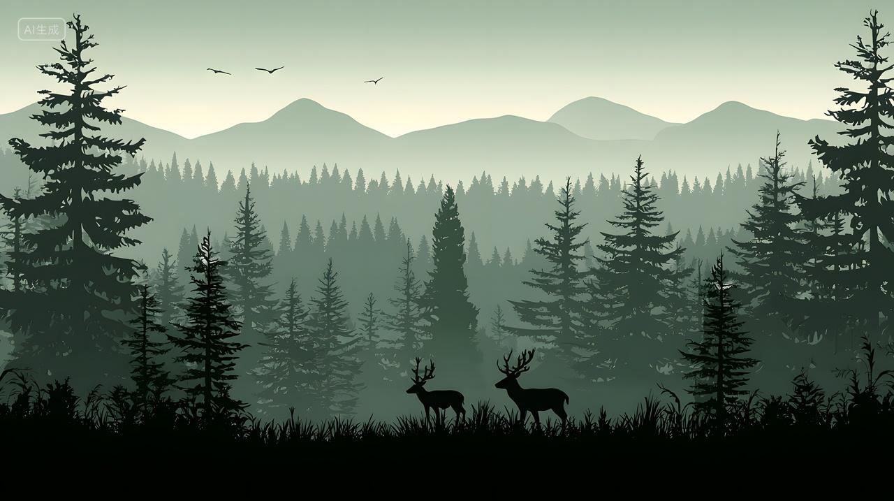 雾蒙蒙森林景观中鹿轮廓
