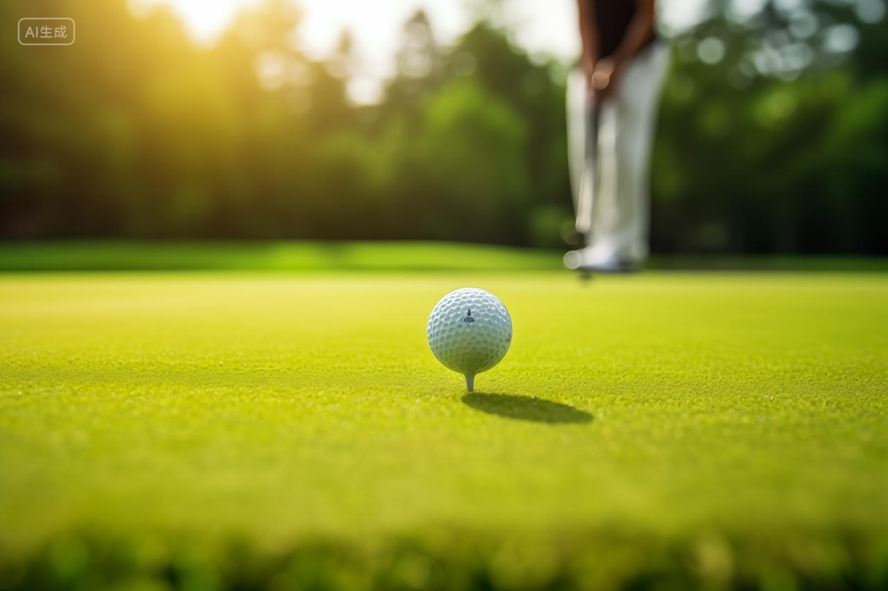 高尔夫球场地上的一个高尔夫球特写休闲活动