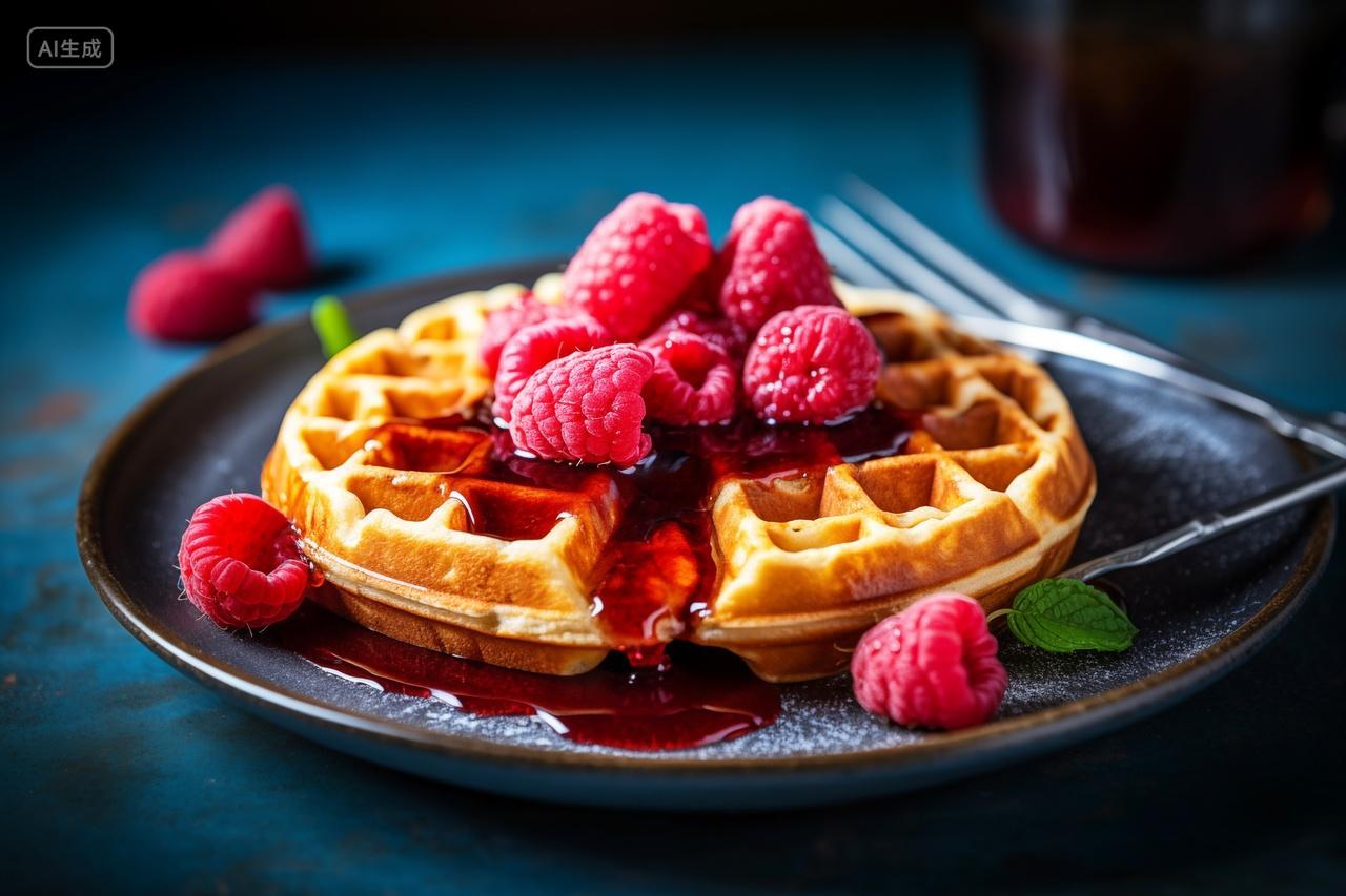 盘子里的树莓鸡蛋饼美食