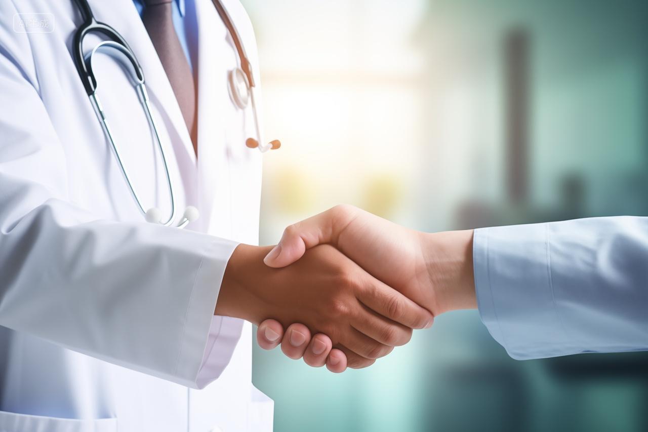 白大褂医生握手合作医疗团队