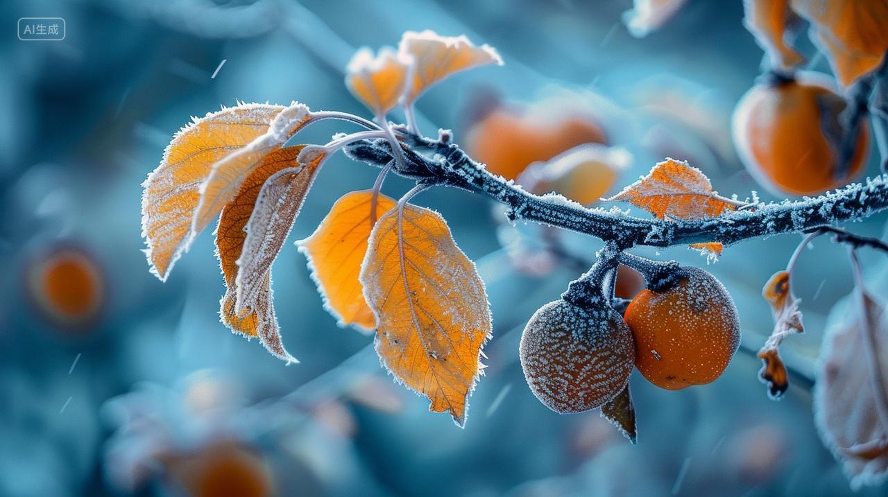 霜降节气黄叶红柿附着霜雪花飘落寒冷立冬小雪大雪冬至冬天冬季插画