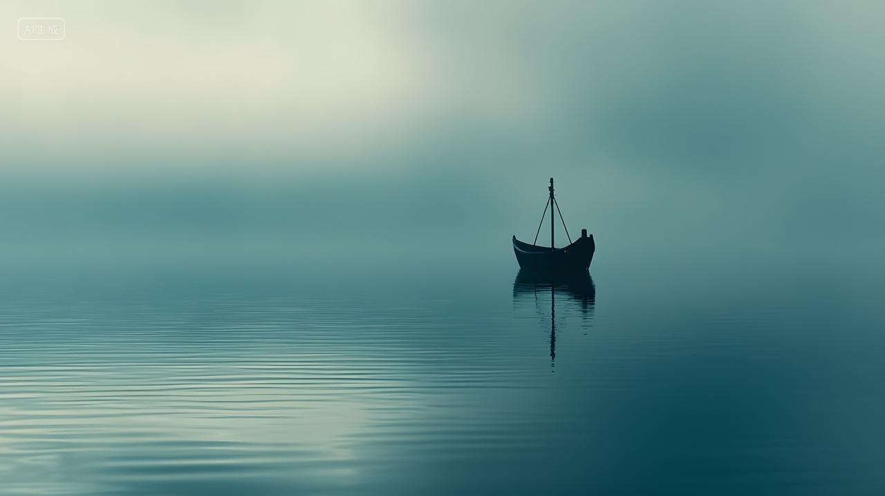 雾蒙蒙早晨风景中孤独渔夫