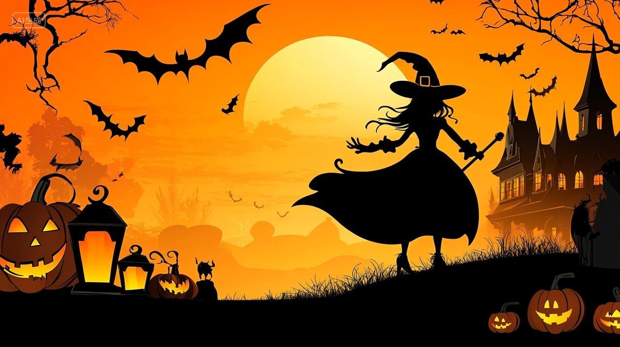 万圣节女巫蝙蝠南瓜灯海报插画