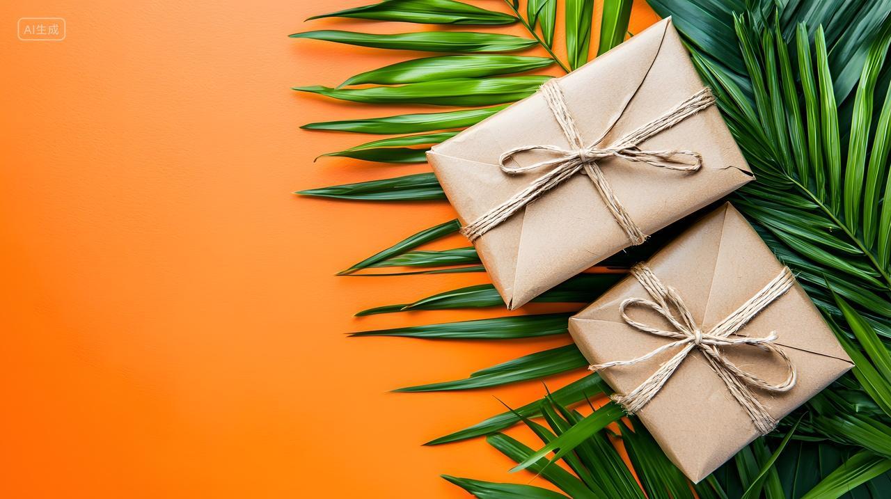 包装好礼物放在鲜艳橙色背景上上面有树叶