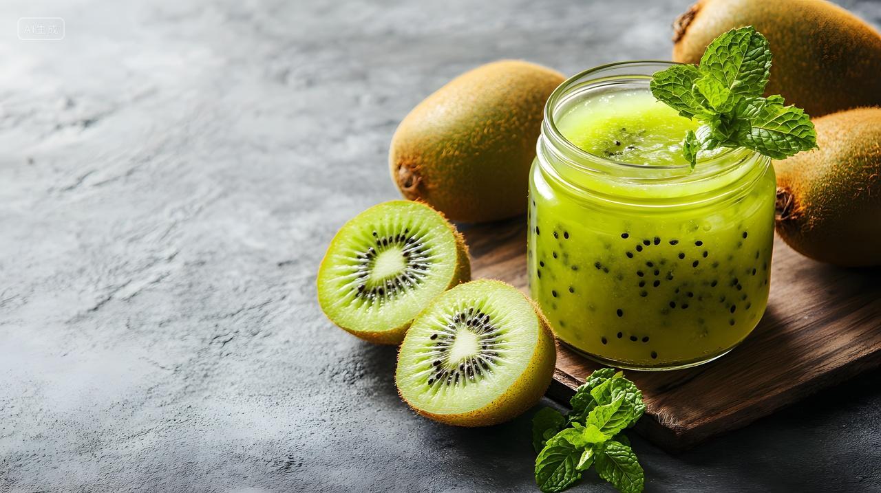 灰色背景中带薄荷叶的绿色猕猴桃饮品健康图