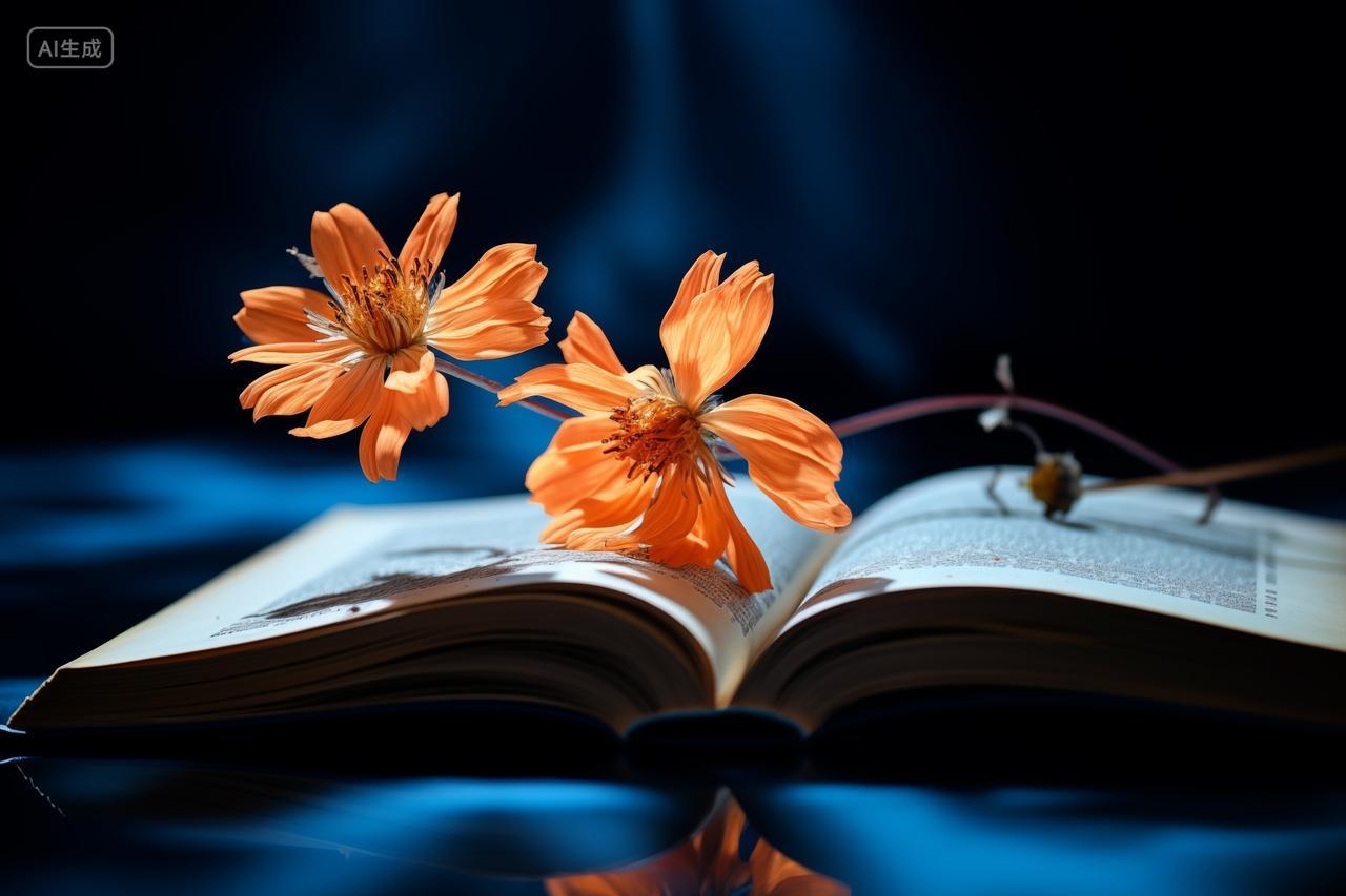 书页上摆放着橙色的花朵创意壁纸