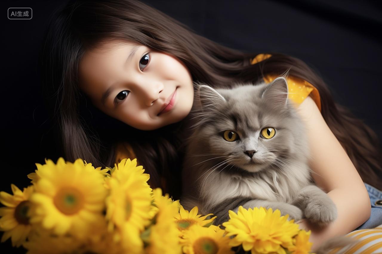 女孩与猫咪的温馨黑底写真图