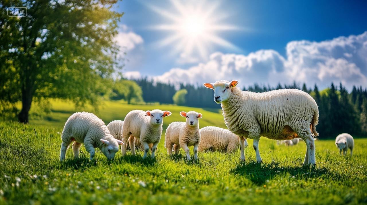 一群吃草的绵羊动物