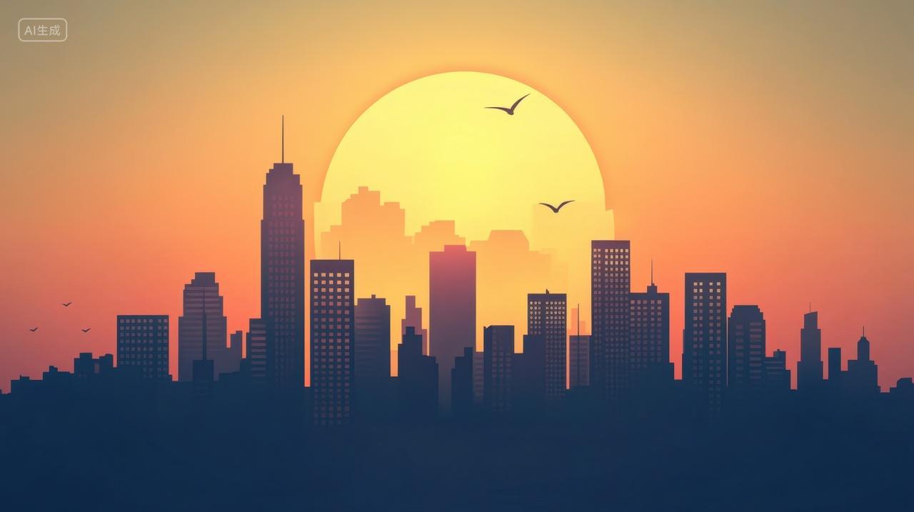 城市剪影与日落