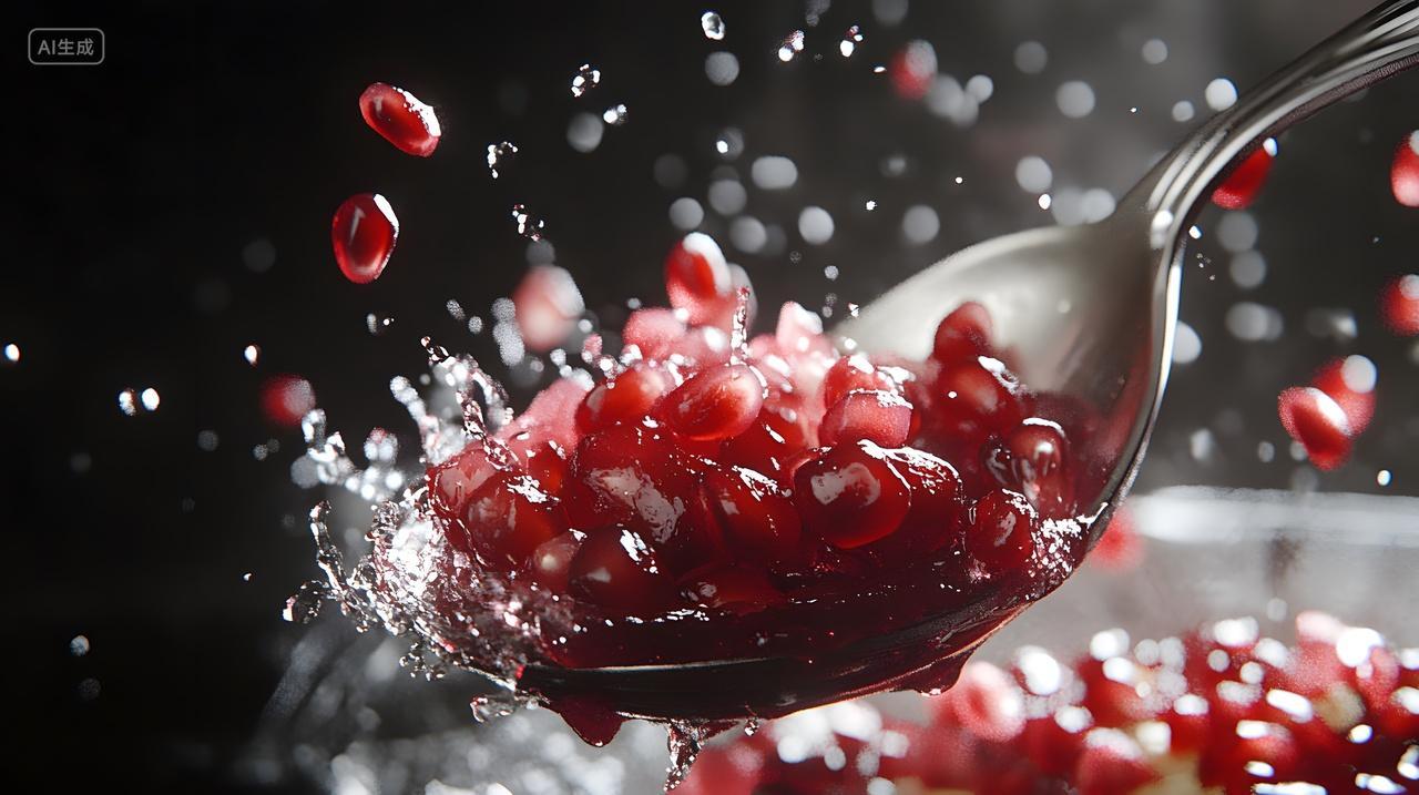 石榴籽银勺水花飞溅动感美食特写