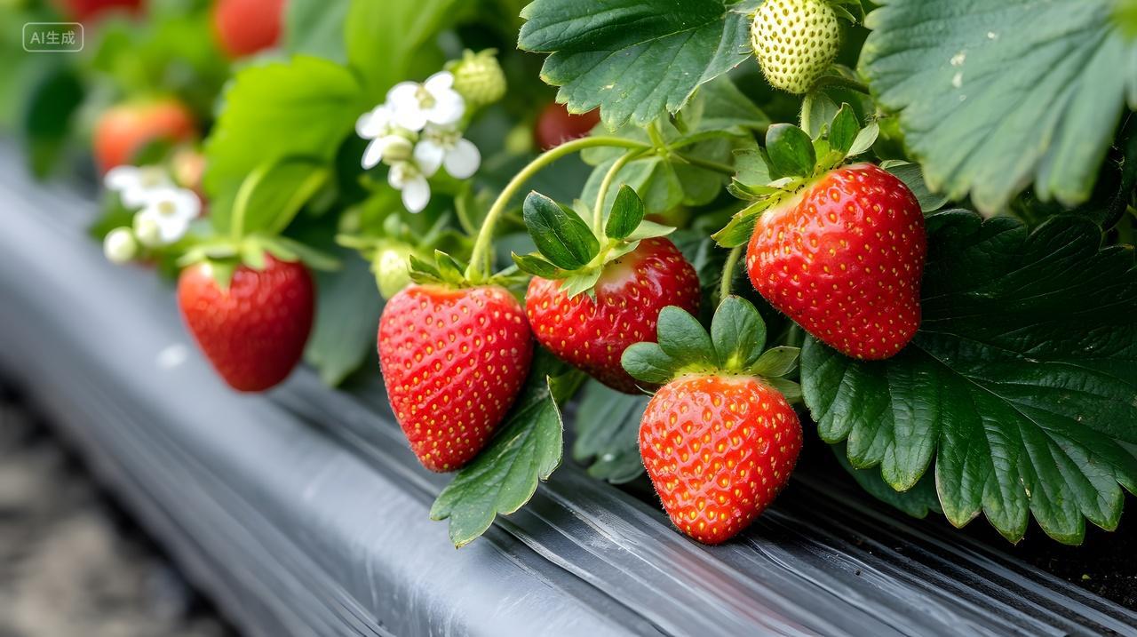 新鲜草莓植物绿叶白花自然户外特写