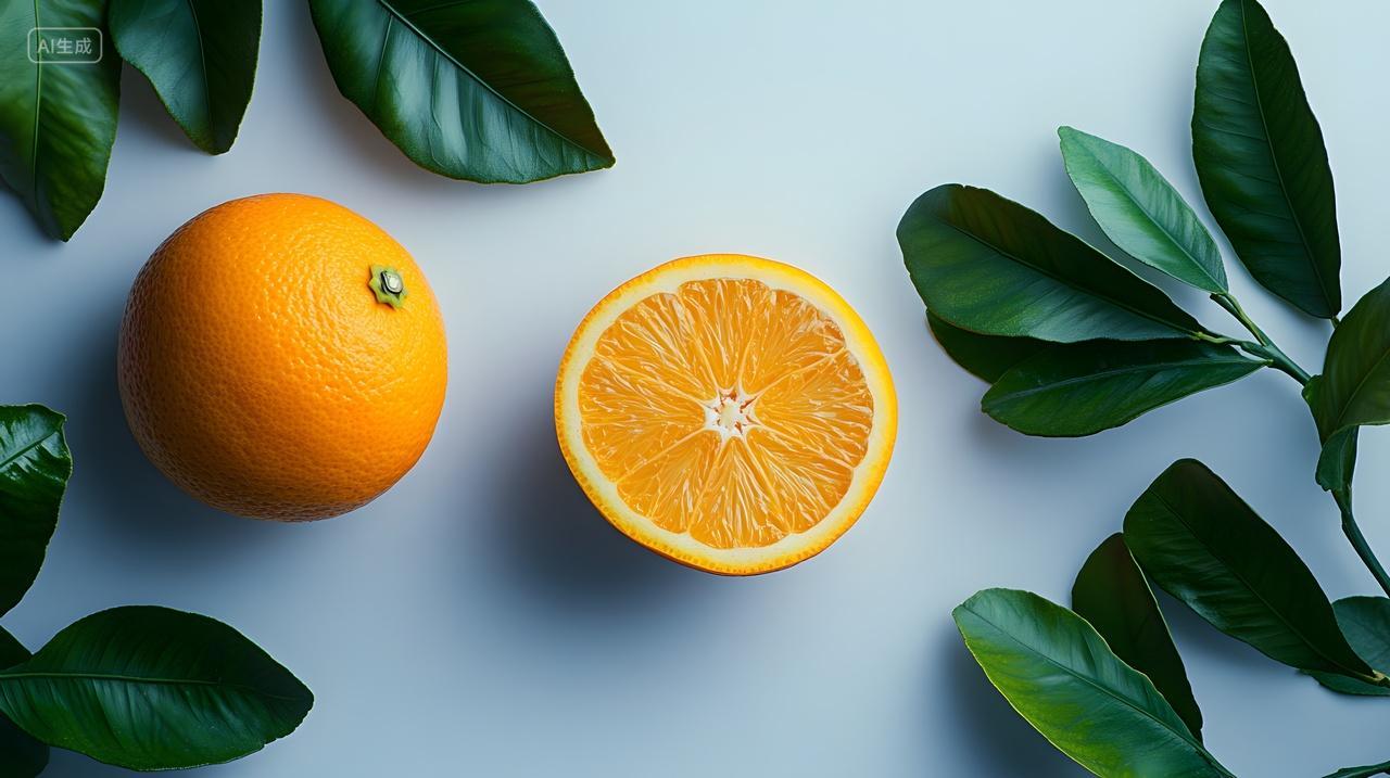 橙子切片健康水果绿色叶子浅色背景特写