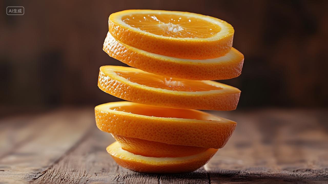 堆叠橙子切片健康水果木质背景特写