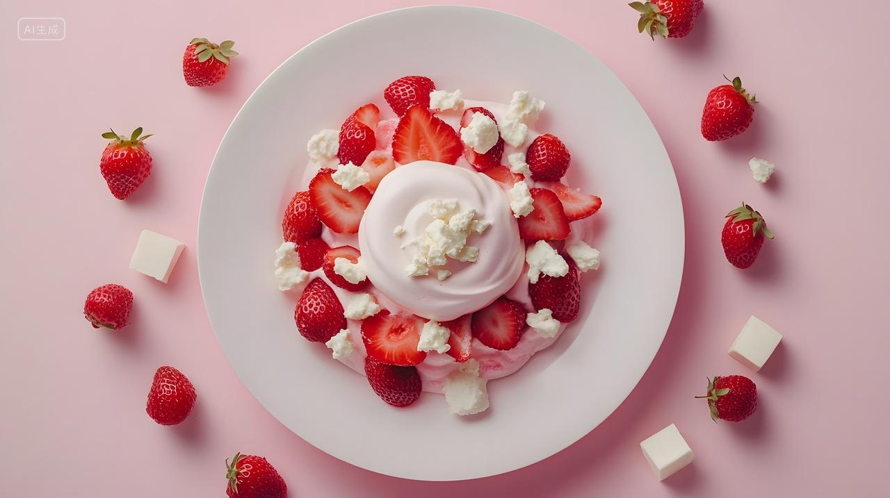 草莓奶油甜点粉红背景精致美食特写