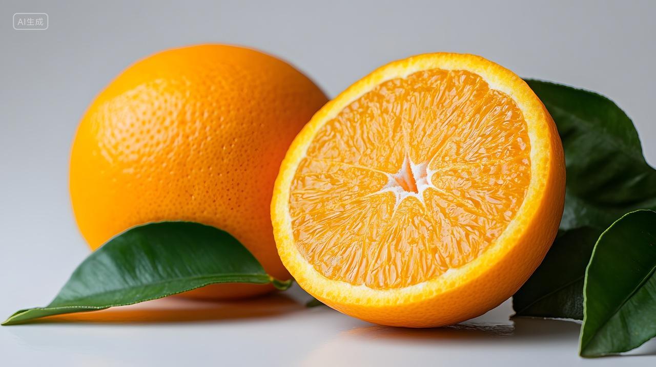 橙子切片健康水果绿色叶子浅色背景特写