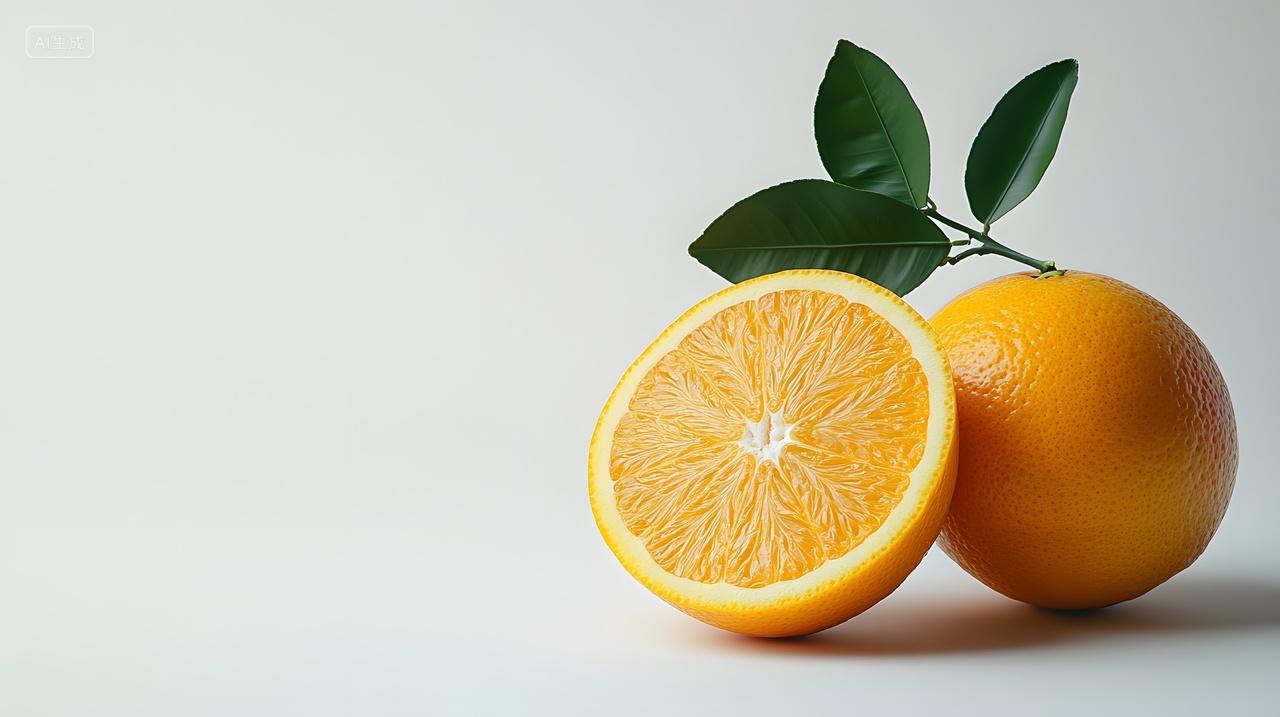 橙子切片健康水果绿色叶子浅色背景特写
