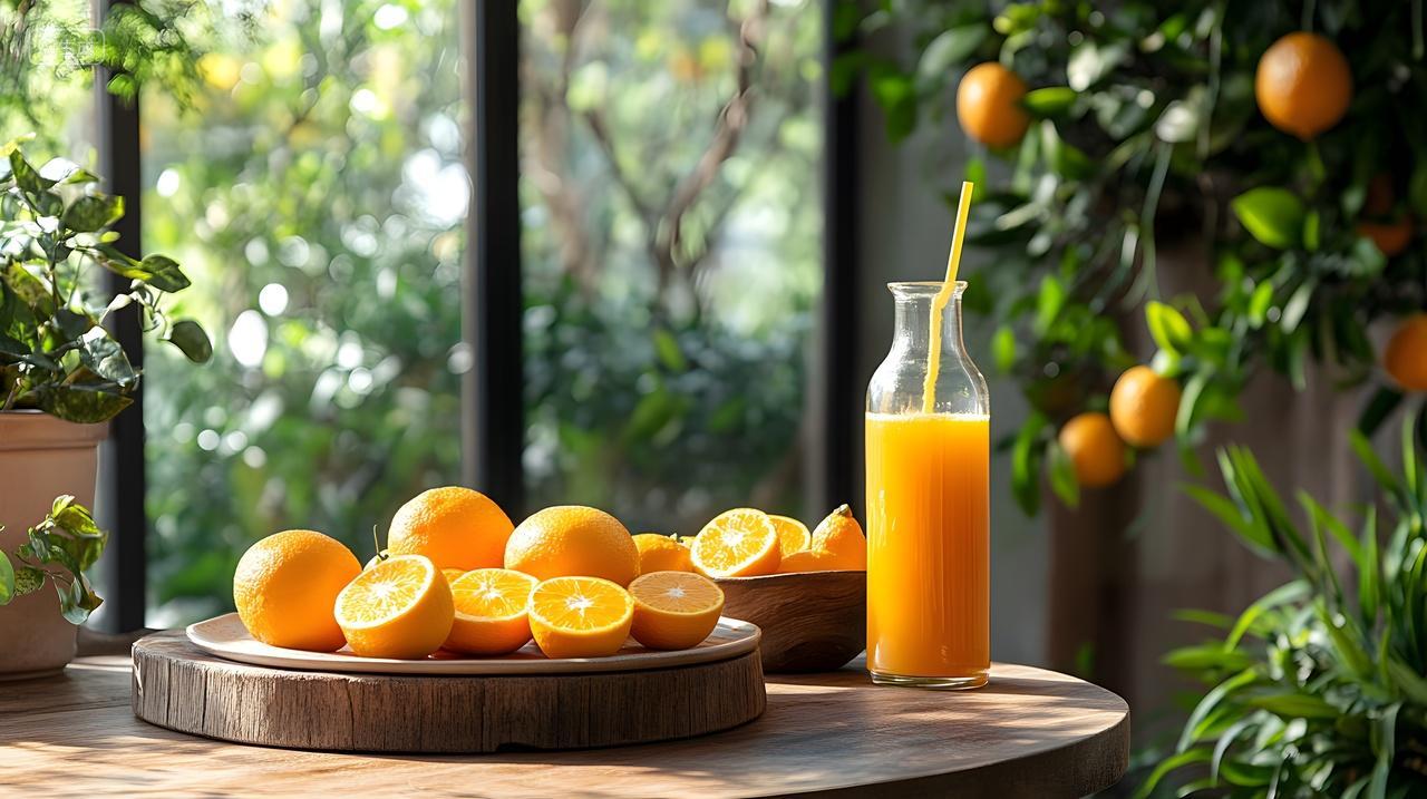 橙汁橙子健康水果橙树窗外自然光景