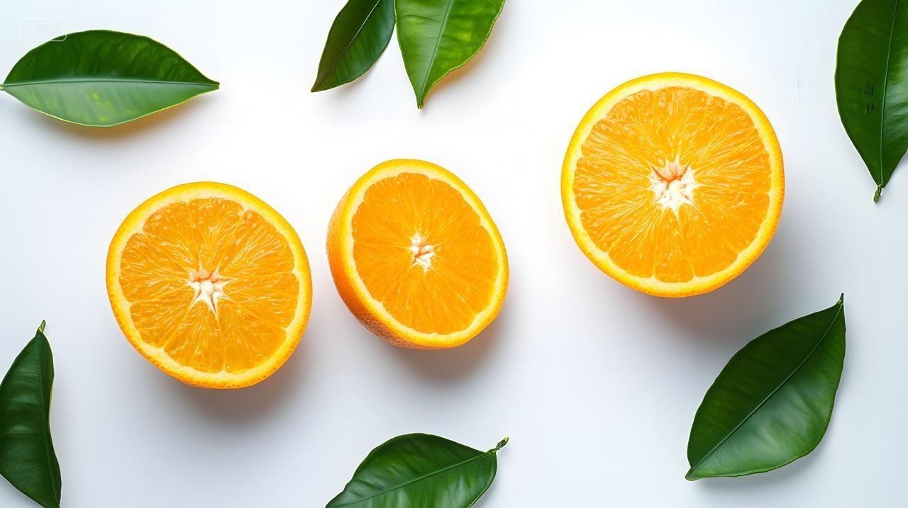 切片橙子健康水果绿色叶子浅色背景特写