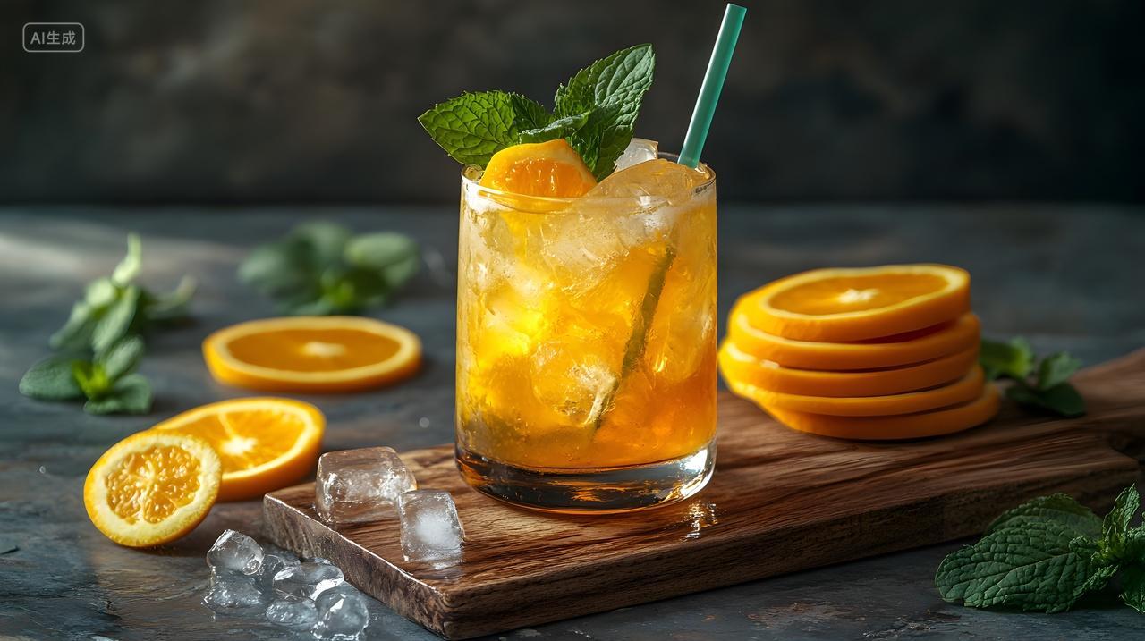 橙味冰饮薄荷装饰切片橙子深色背景特写