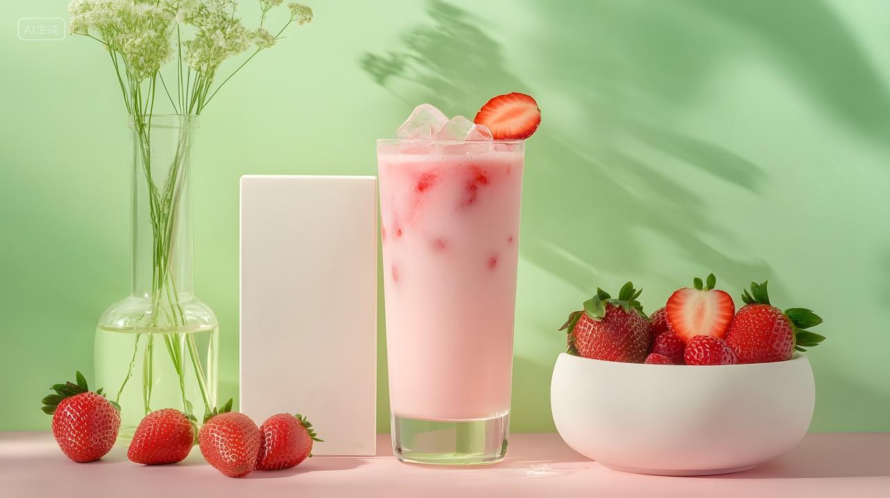 草莓冰饮绿色背景清新水果健康饮品特写