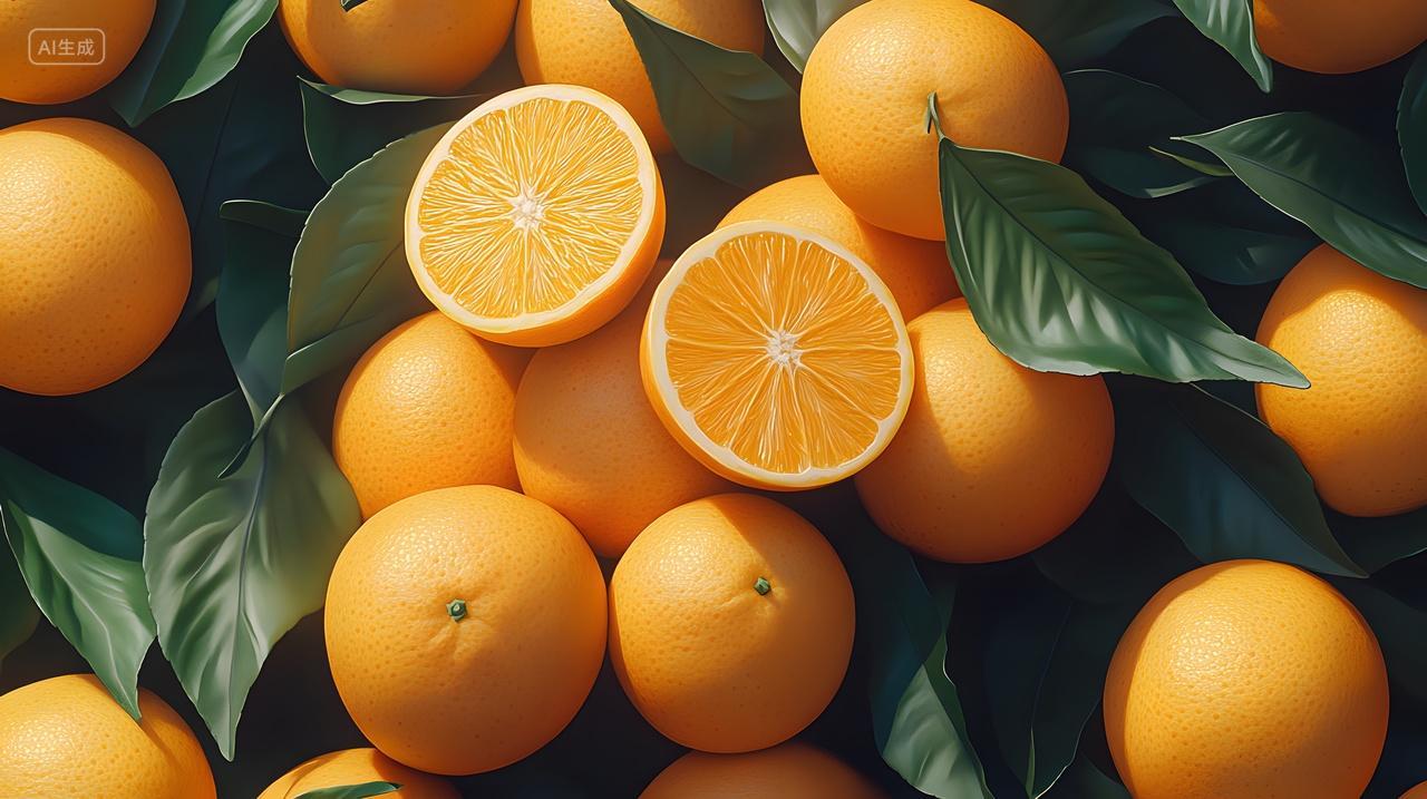 橙子切片健康水果绿叶自然背景特写