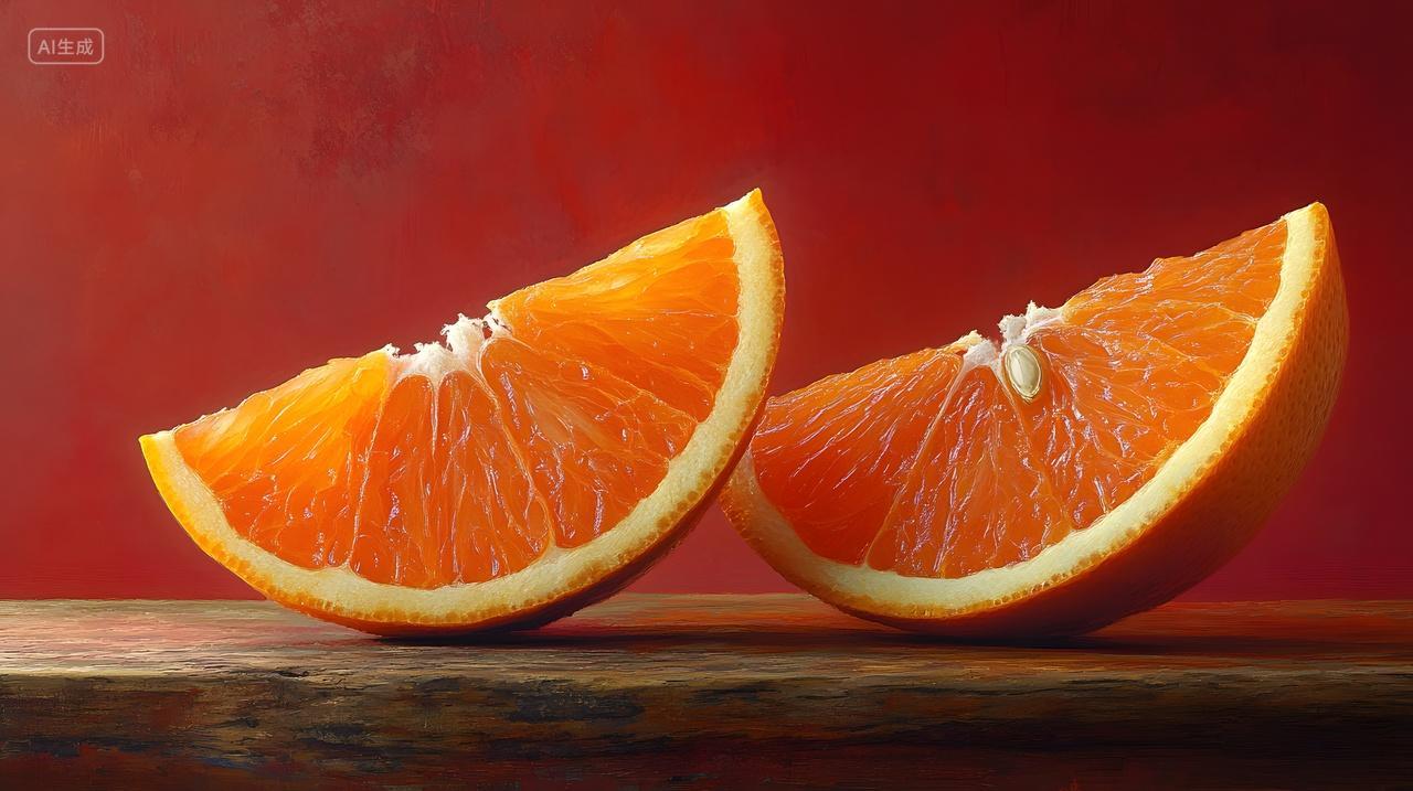 橙子切片健康水果木质背景深红色特写