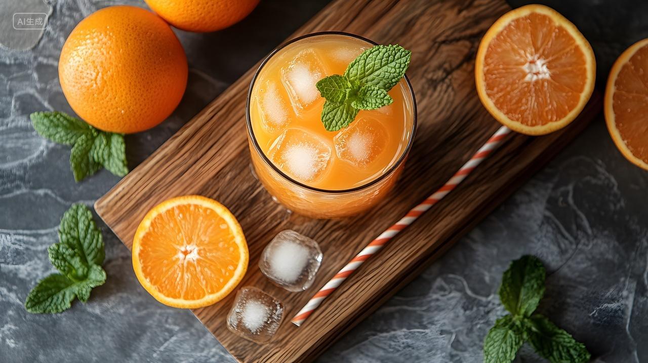 橙汁健康饮品切片橙子木质托盘特写