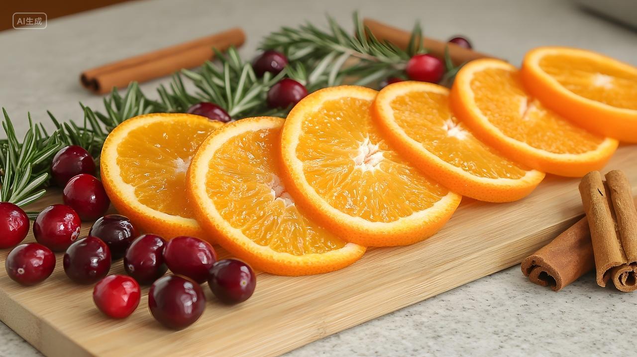 橙子切片蔓越莓迷迭香肉桂木质砧板特写