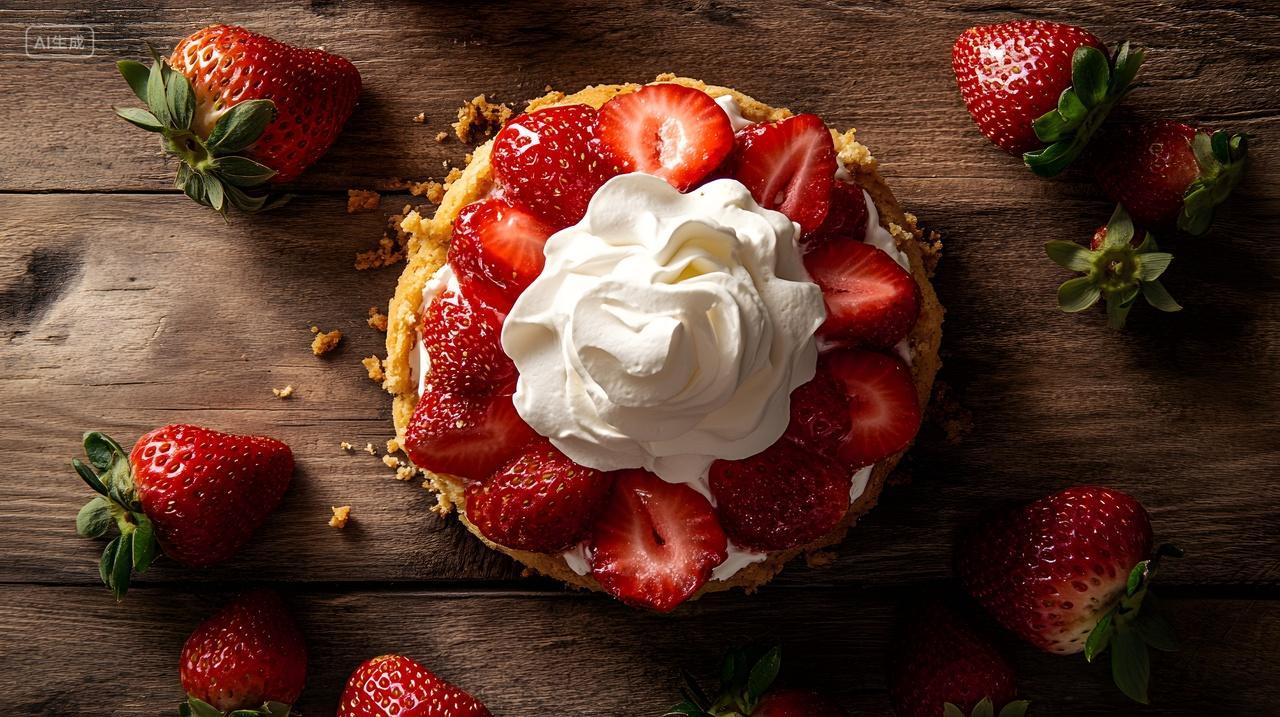 草莓奶油塔木质背景甜美美食特写