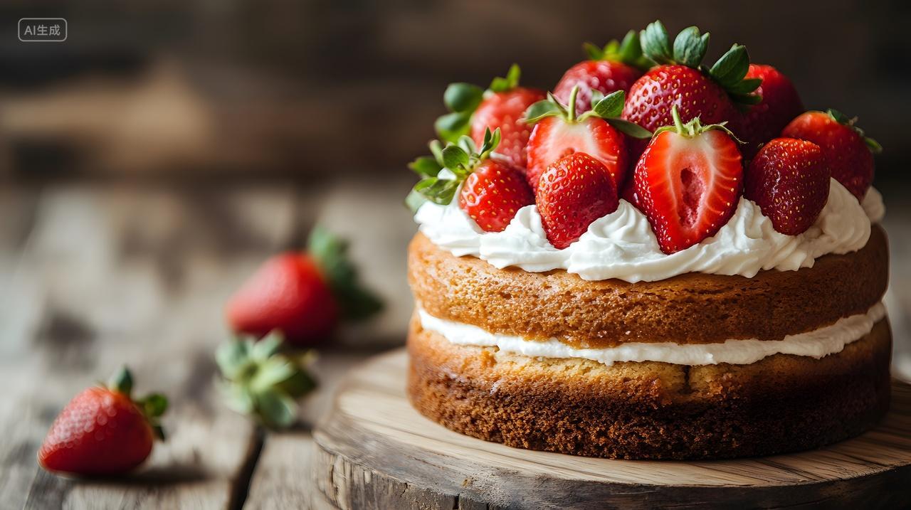 草莓蛋糕木质背景自然甜美美食特写