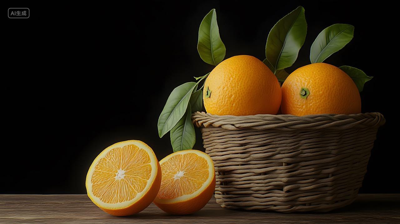 橙子切片健康水果篮子深色背景特写