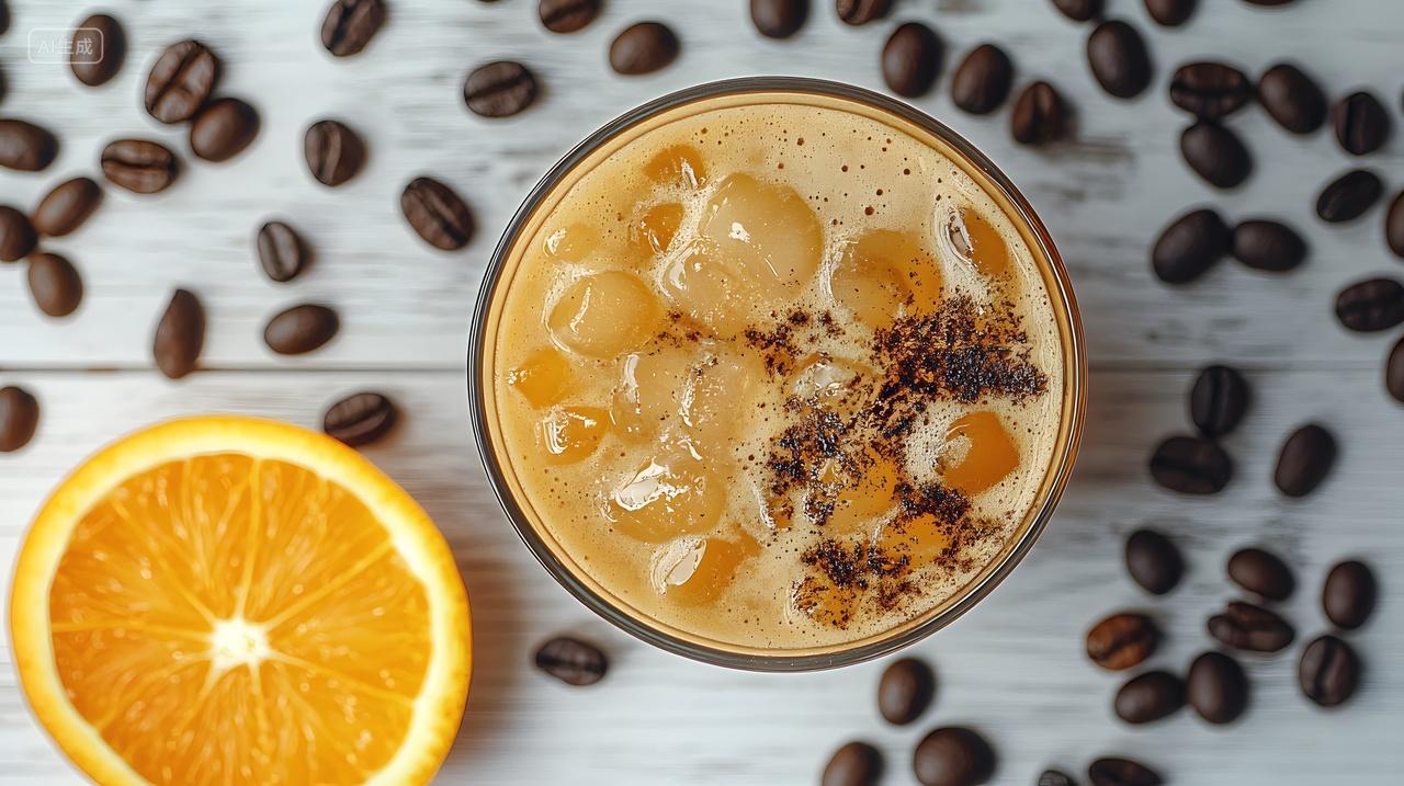 橙味冰咖啡健康饮品咖啡豆木质背景特写