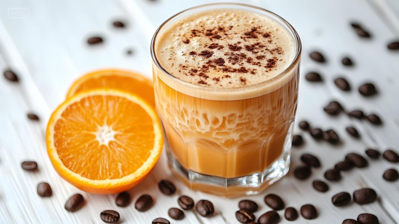 橙味咖啡冰饮健康饮品咖啡豆木质背景特写