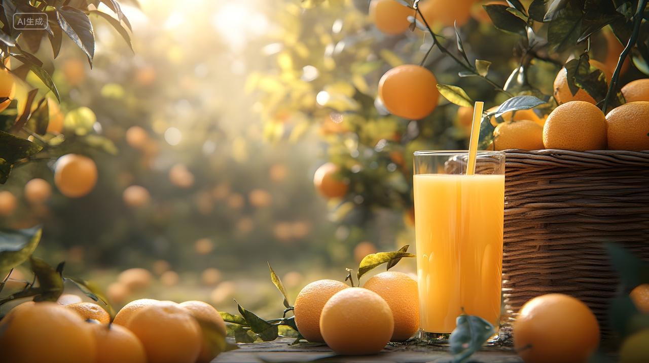 橙子果园橙汁健康饮品阳光自然清新背景