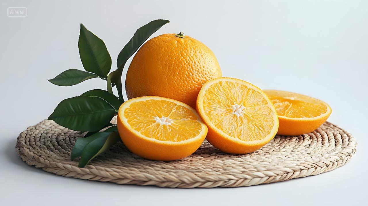 橙子切片健康水果绿色叶子编织垫特写