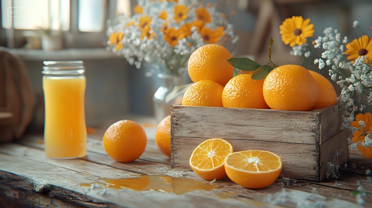 橙子木箱橙汁健康饮品温馨花朵背景特写