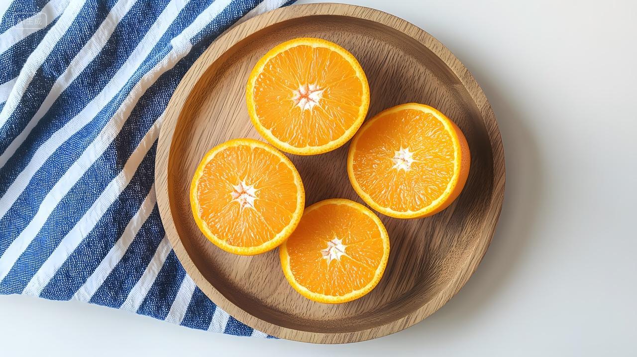 切片橙子健康水果木盘蓝白布特写