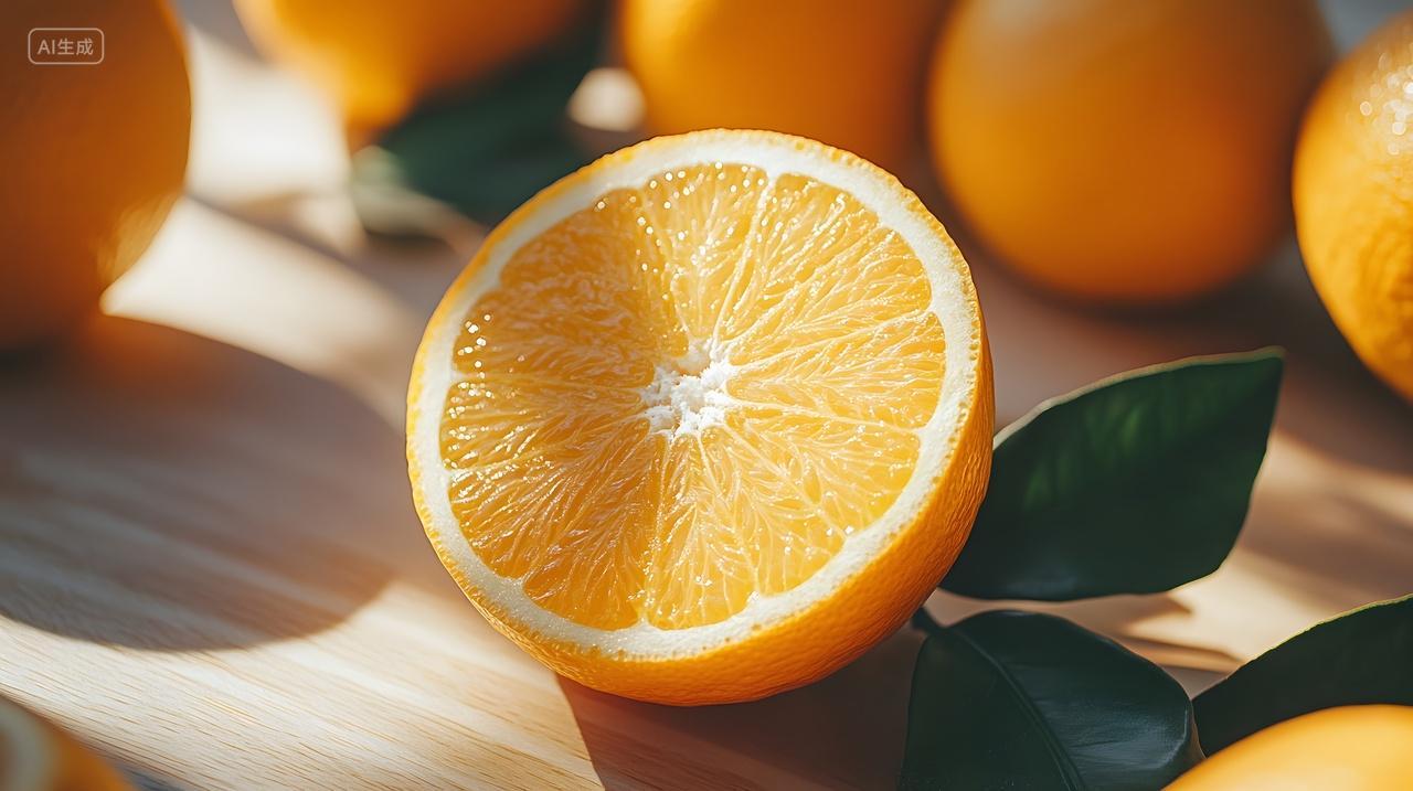 橙子切片健康水果绿叶自然光特写