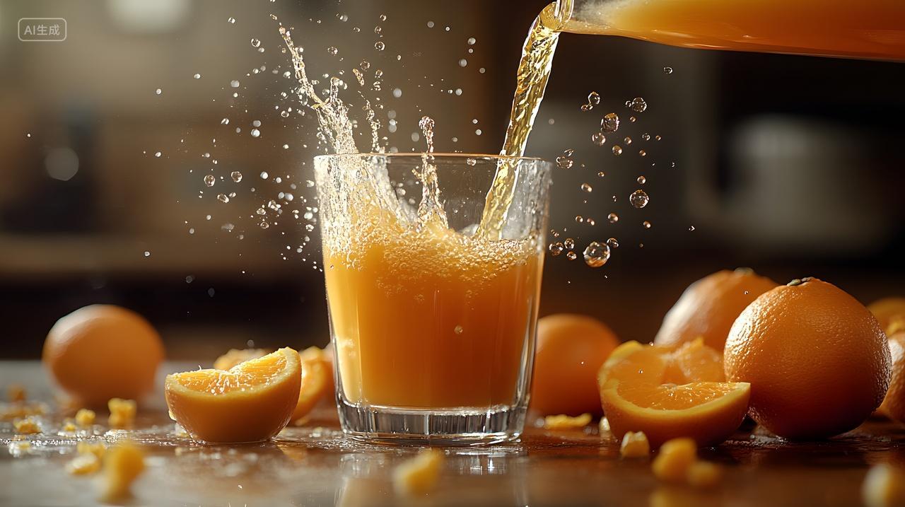 橙汁倒入飞溅新鲜橙子健康饮品特写