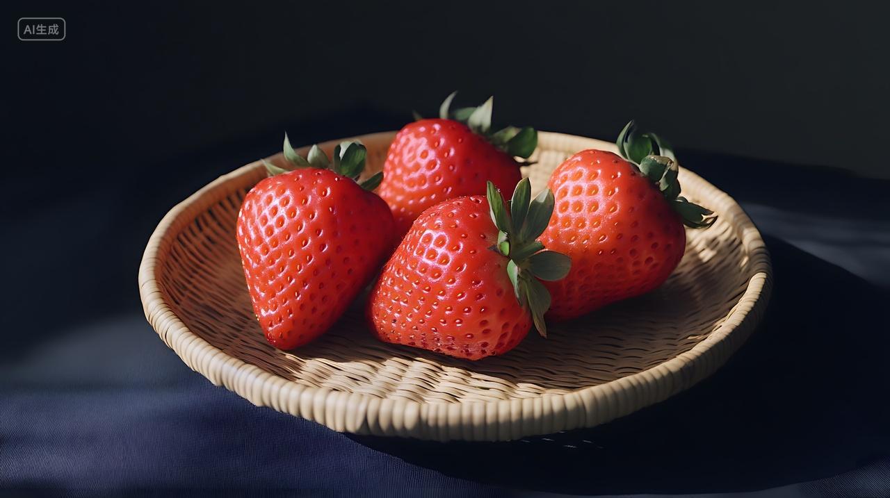 竹编篮中的红草莓静物特写