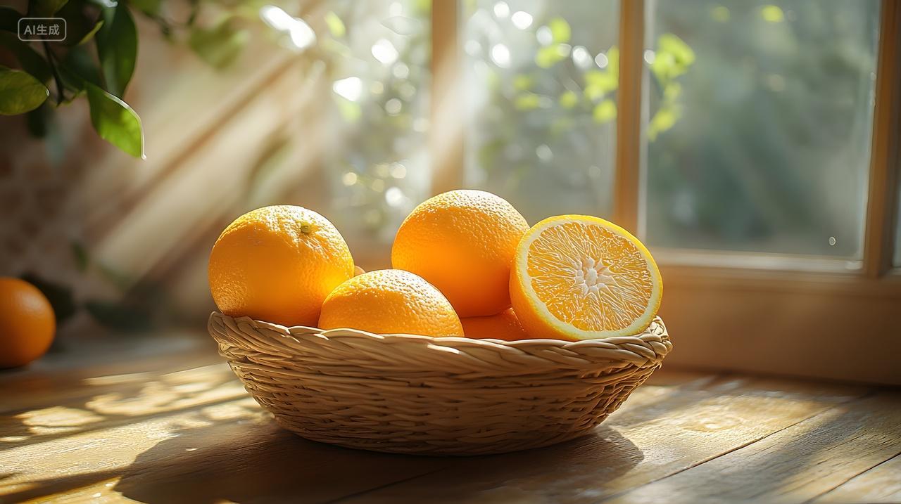 橙子切片阳光篮子窗边温暖自然光健康水果