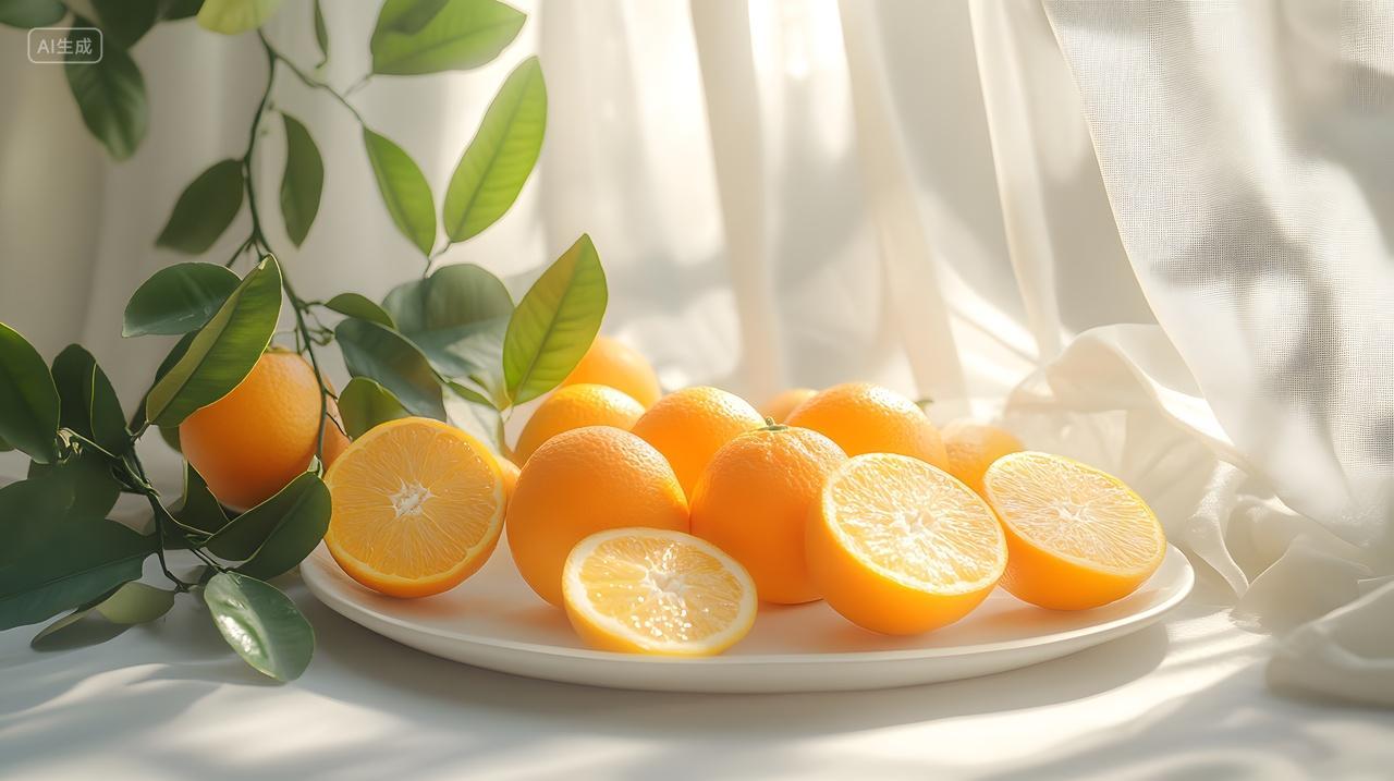 橙子切片健康水果绿叶窗帘柔和光线特写