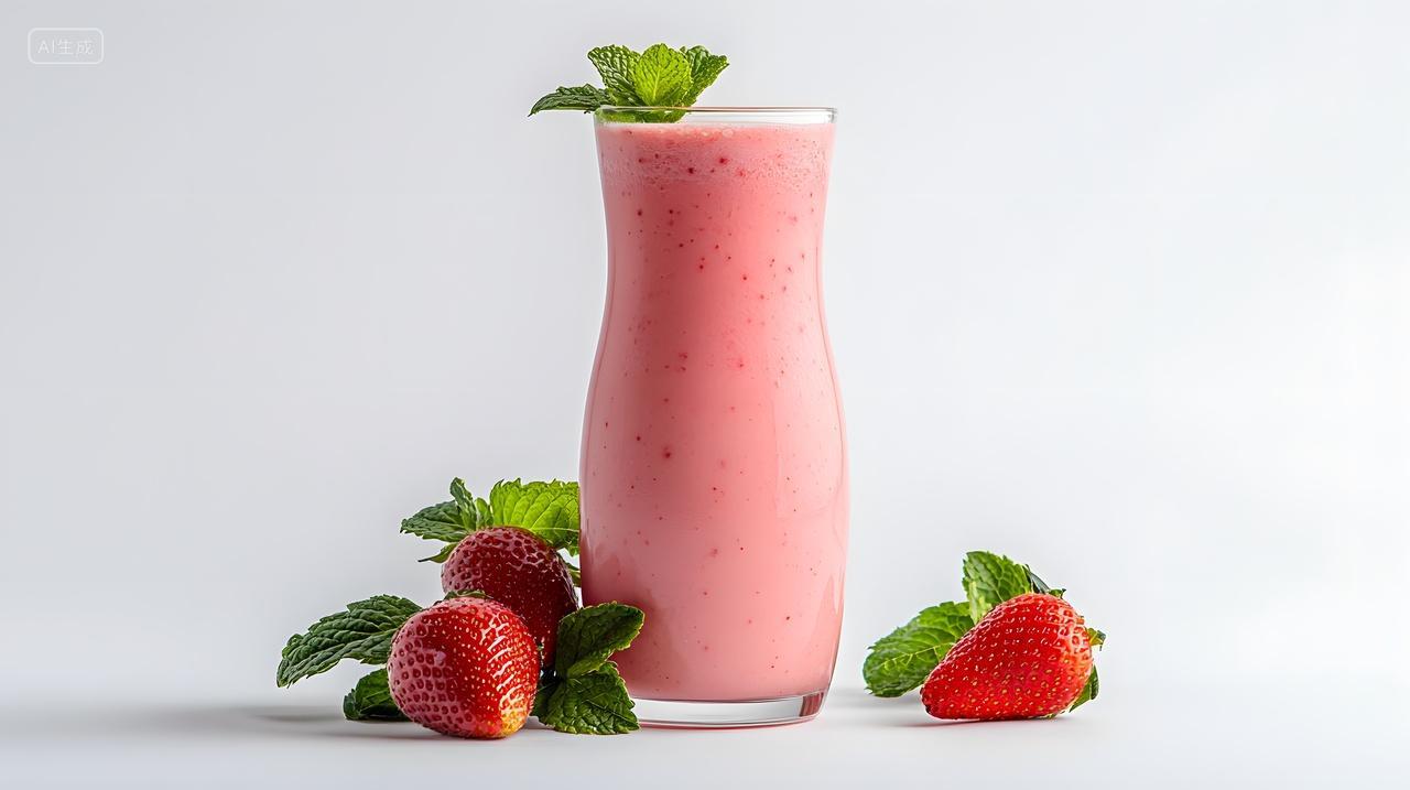 草莓奶昔薄荷装饰健康饮品白色背景特写