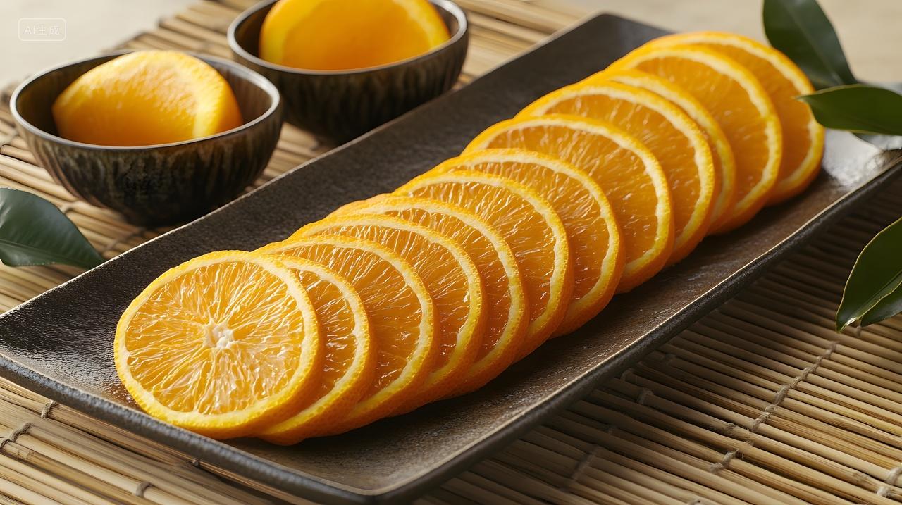 橙子切片健康水果深色盘子竹垫特写