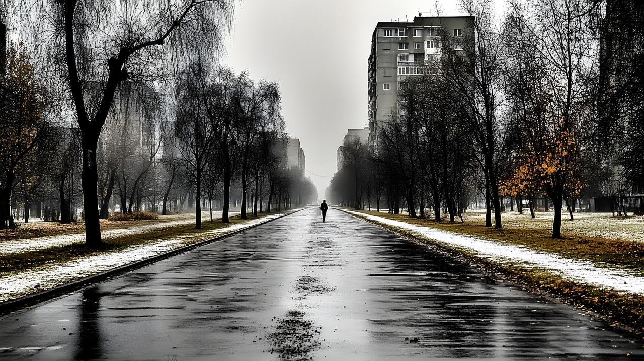 孤独身影走在雾蒙蒙反光街道上